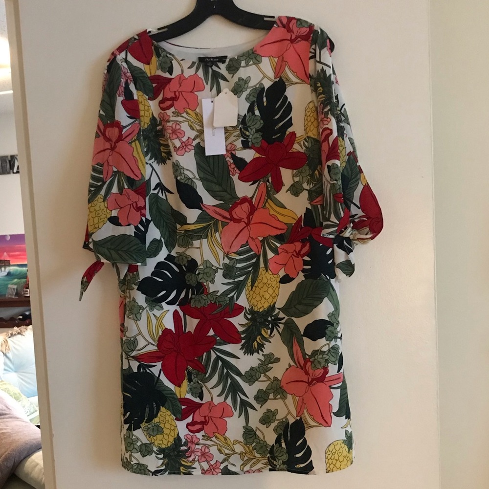 Tropical Floral Shift Dress with Tie Sleeves